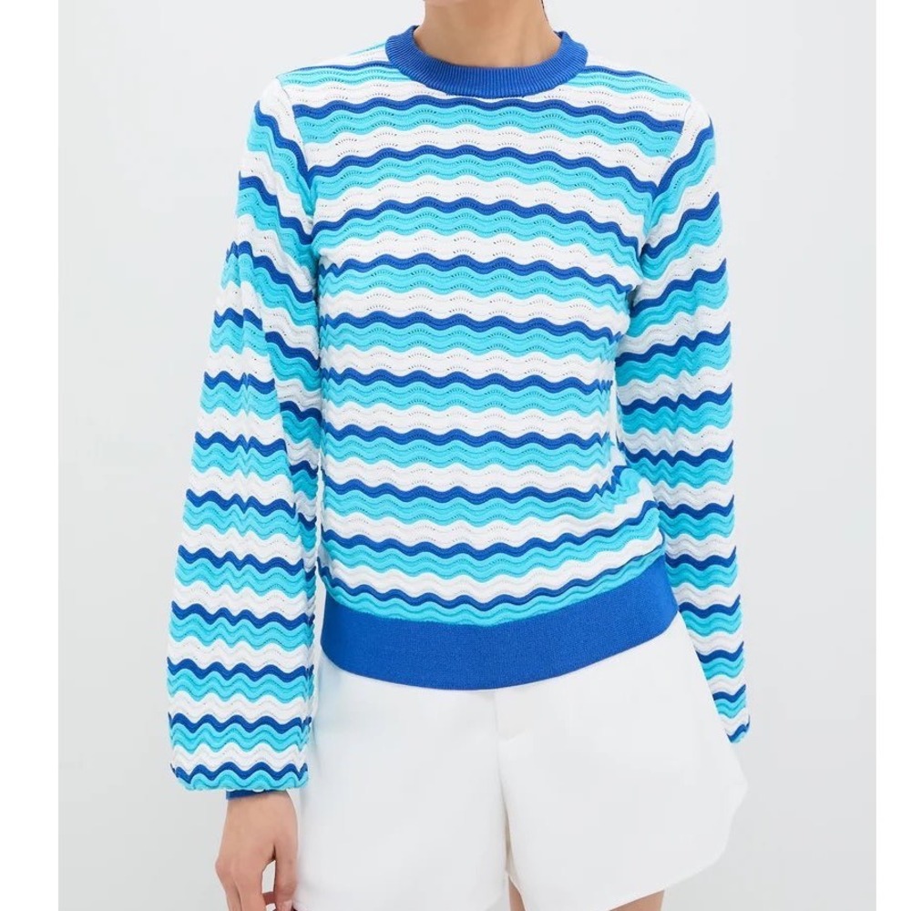 Blue Wave-Stripe Crew Neck Sweater